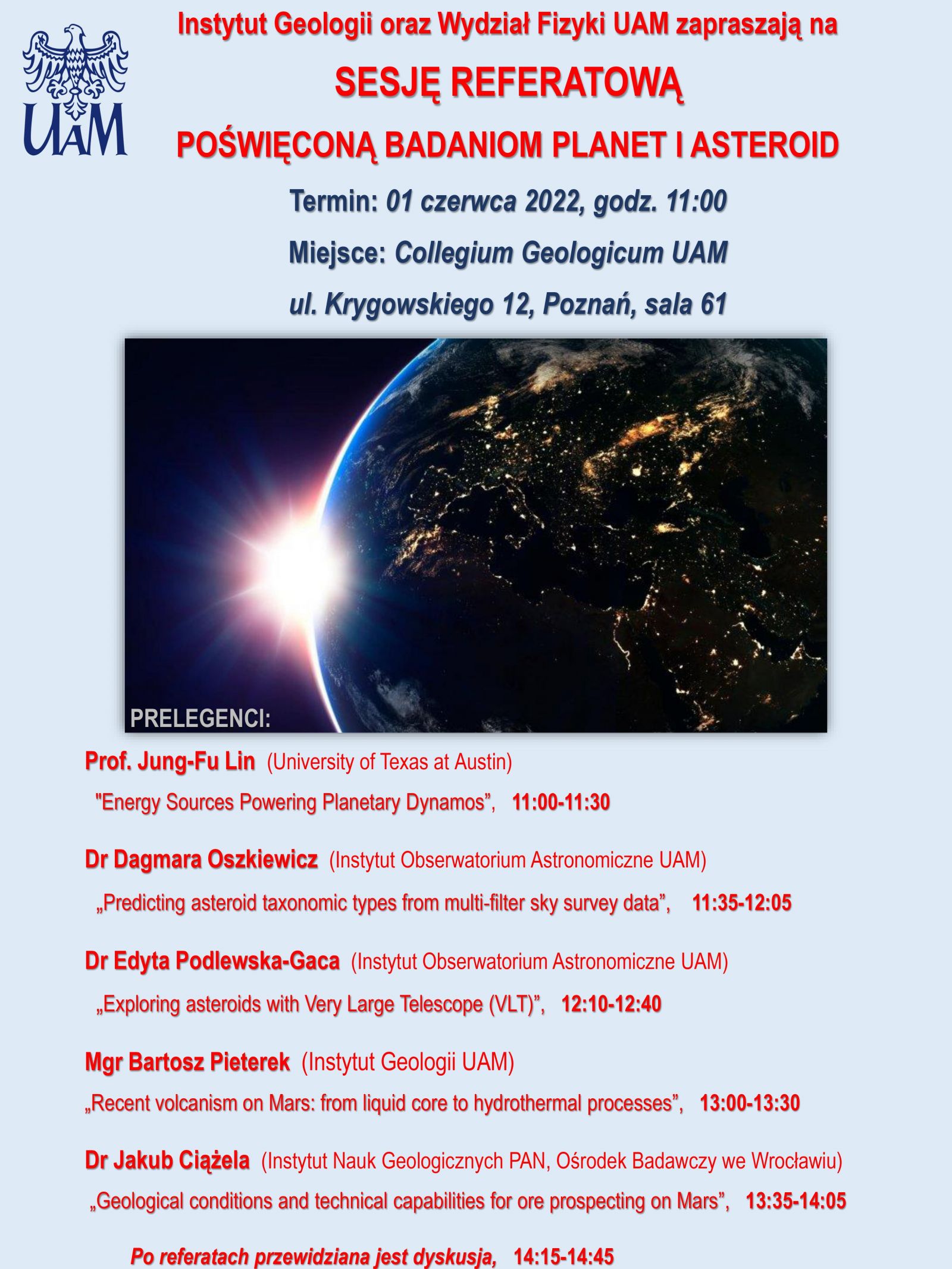 Plakat informacyjny o sesji referatowej poświęconej planetom i aseroidom