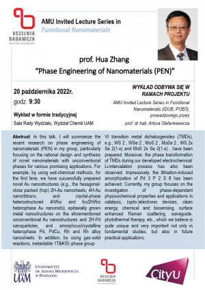 Wykład Prof. Hua Zhang - 20 października o godz. 9:30